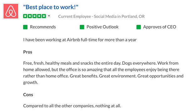 Example of a workplace review written by a current employee at Airbnb